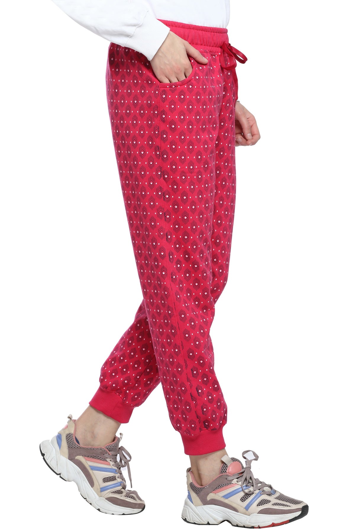 Comfortable Pink Winter Fleece Cotton Printed Joggers for Women online in India