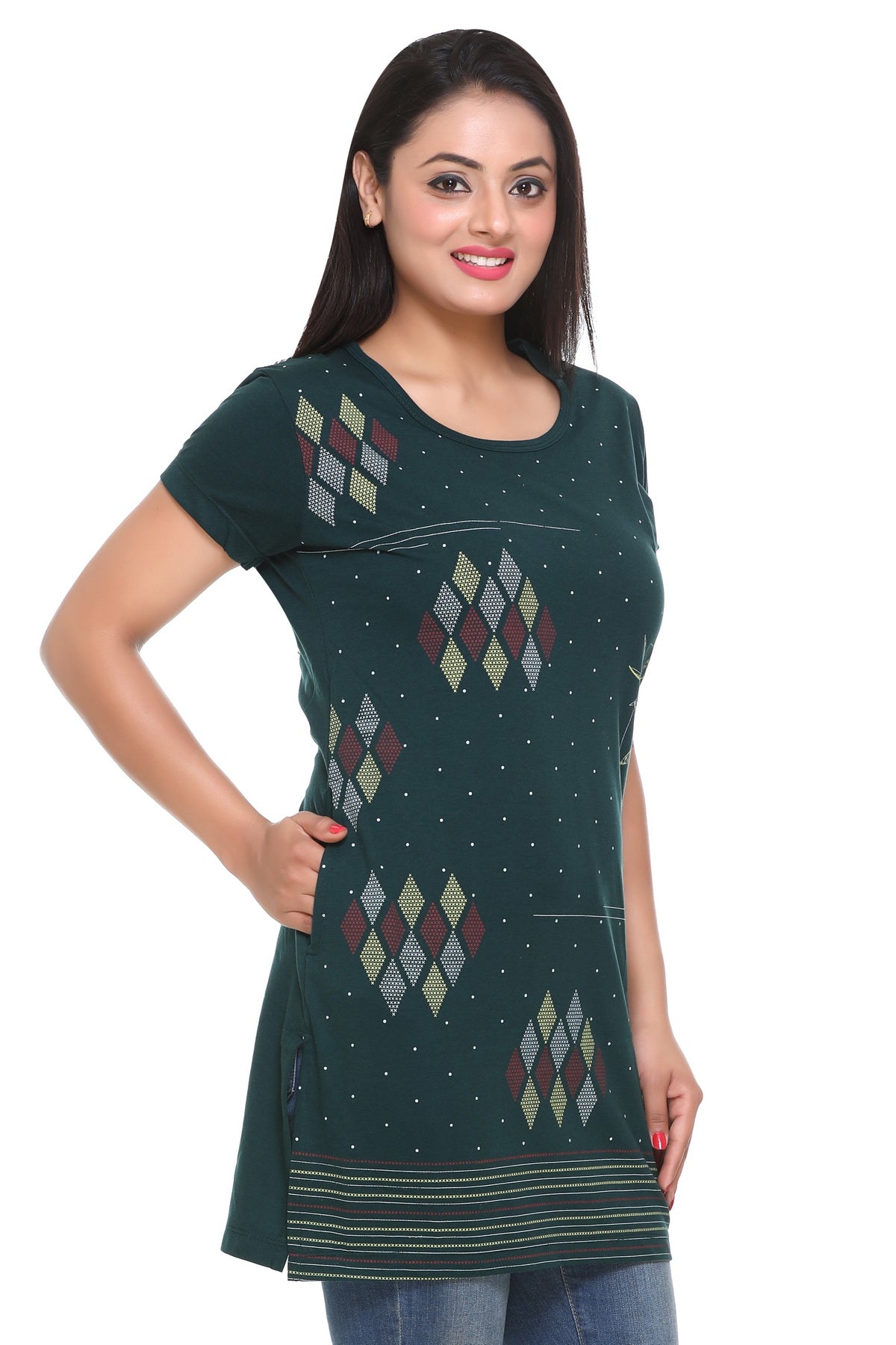 Cotton Printed Long T-Shirts For Women In Half Sleeves At Online