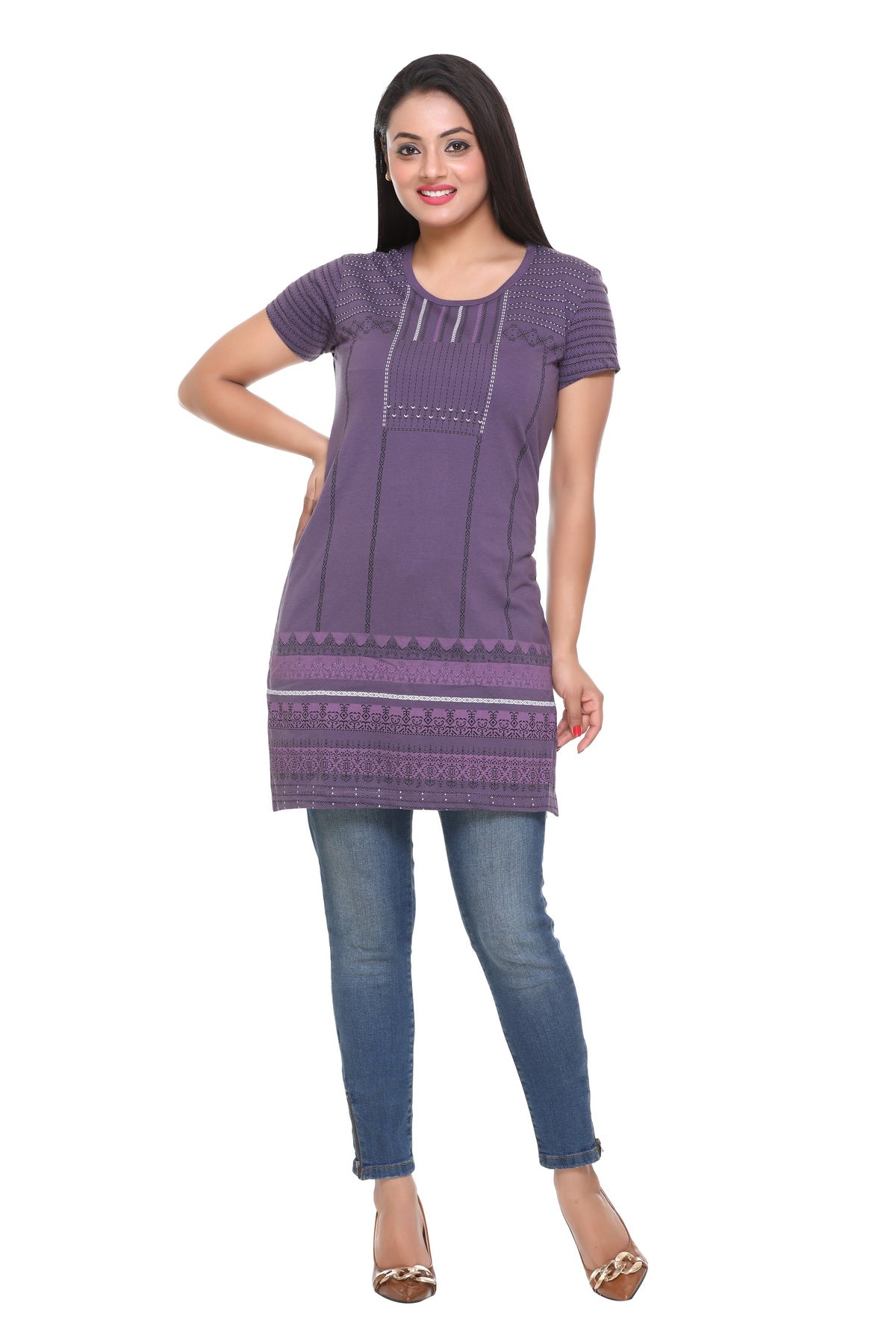 Cotton Printed Long T-shirts For Women Half Sleeve - Purple