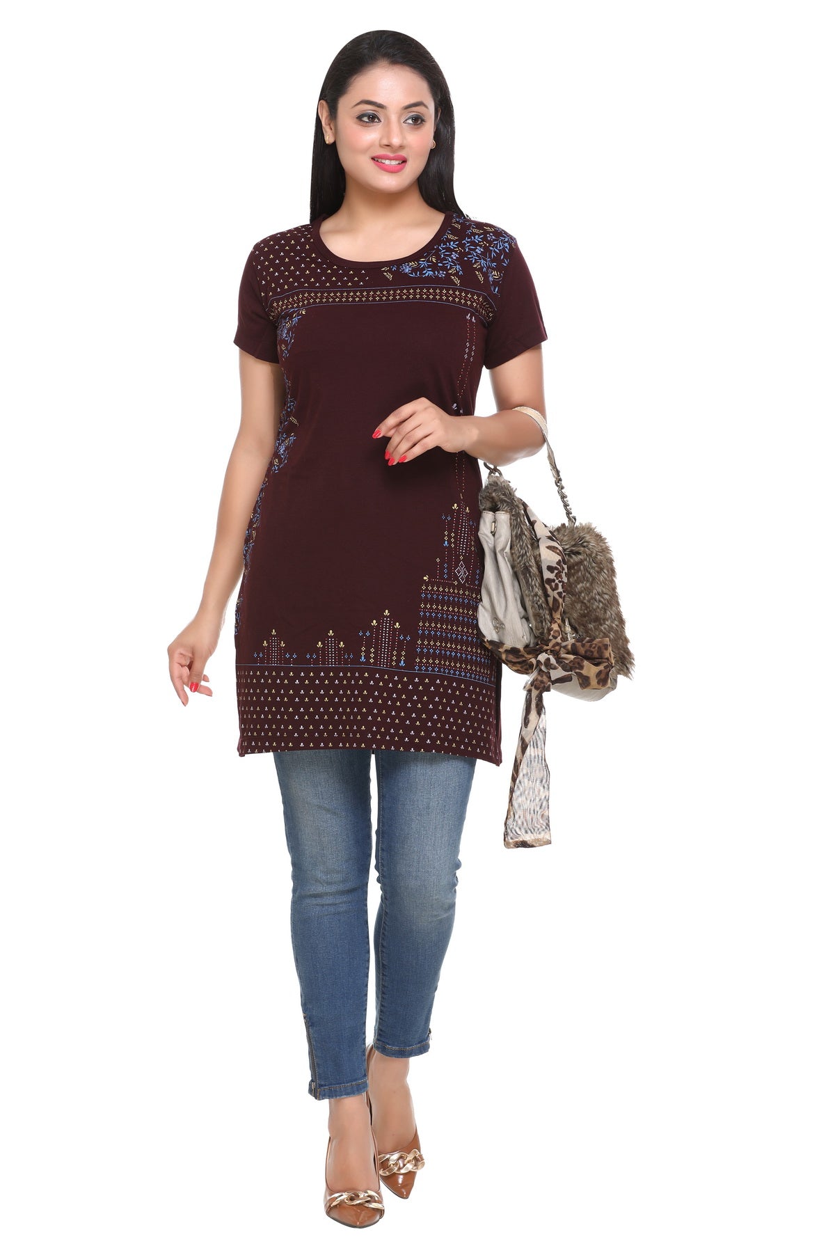 Cotton Printed Long T-Shirts For Women In Half Sleeves At Online