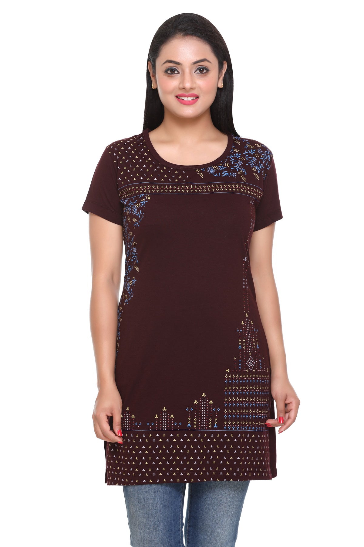 Cotton Printed Long T-Shirts For Women In Half Sleeves At Online