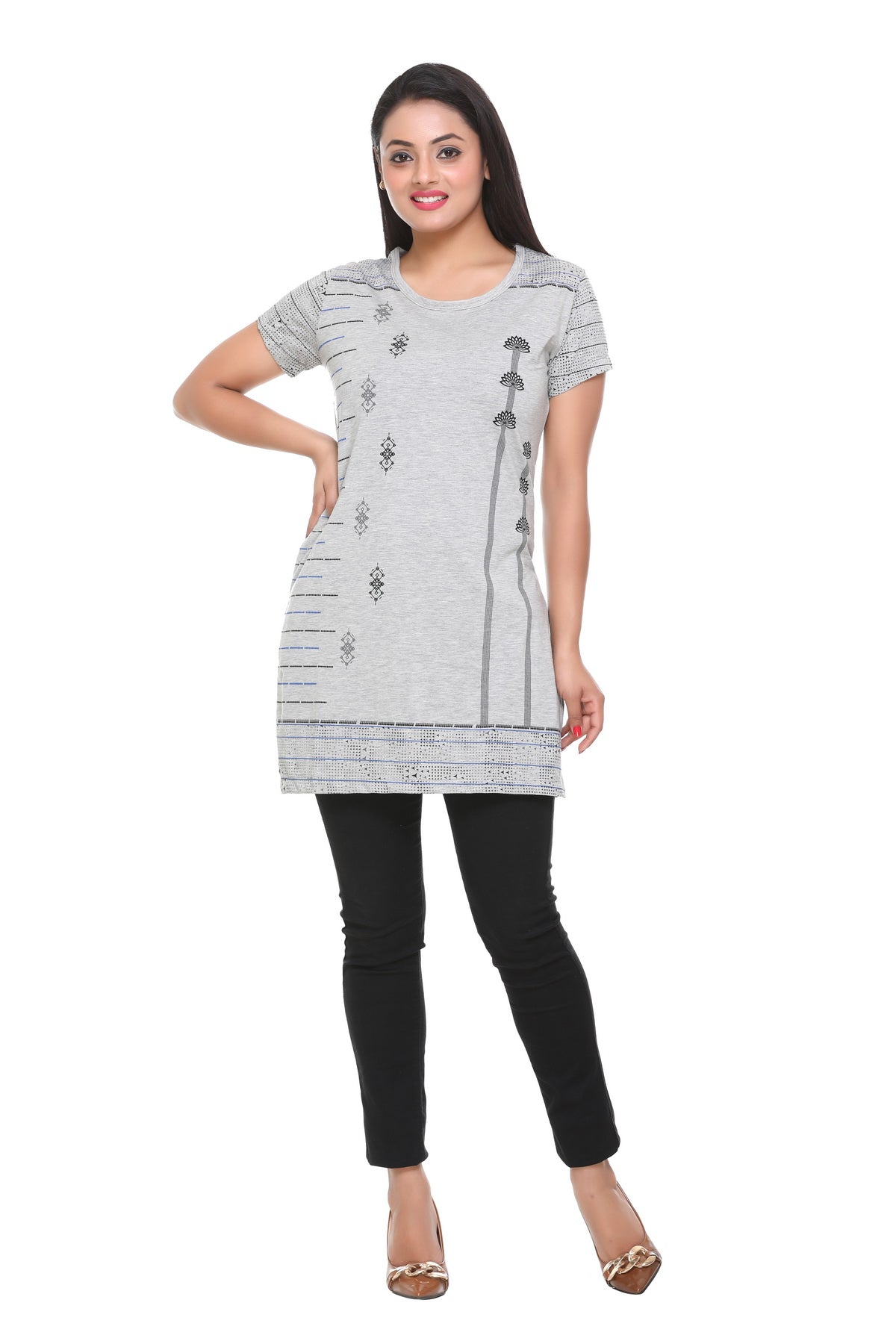 Comfy Grey Printed Cotton Long T-shirt (Half Sleeves)For Women Online In India