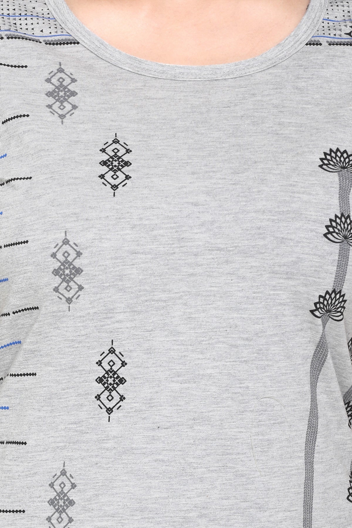 Comfy Grey Printed Cotton Long T-shirt (Half Sleeves)For Women Online In India