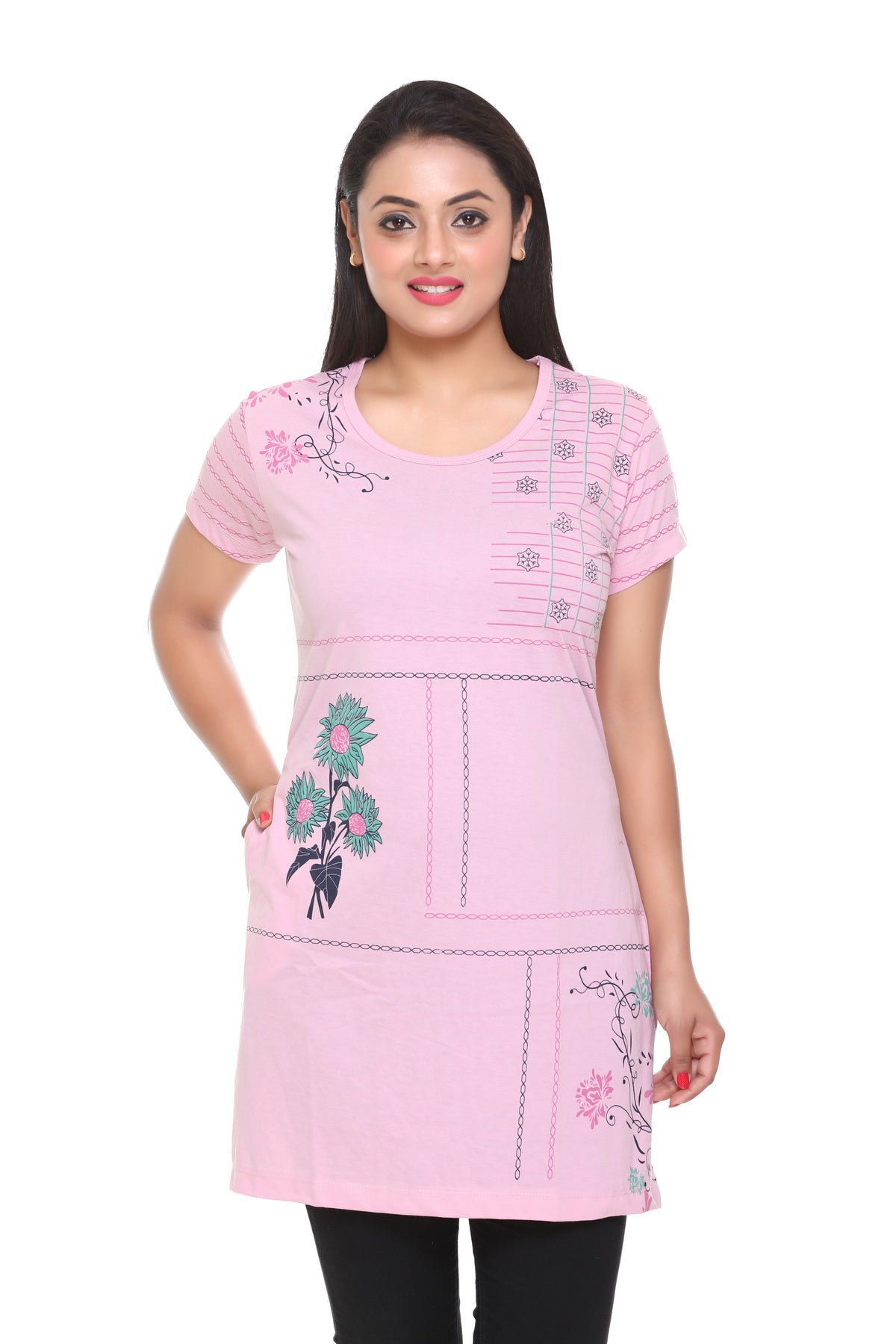 Cotton Printed Long T-Shirts For Women In Half Sleeves At Online