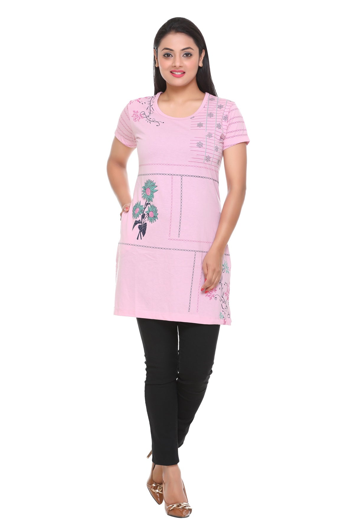 Cotton Printed Long T-Shirts For Women In Half Sleeves At Online