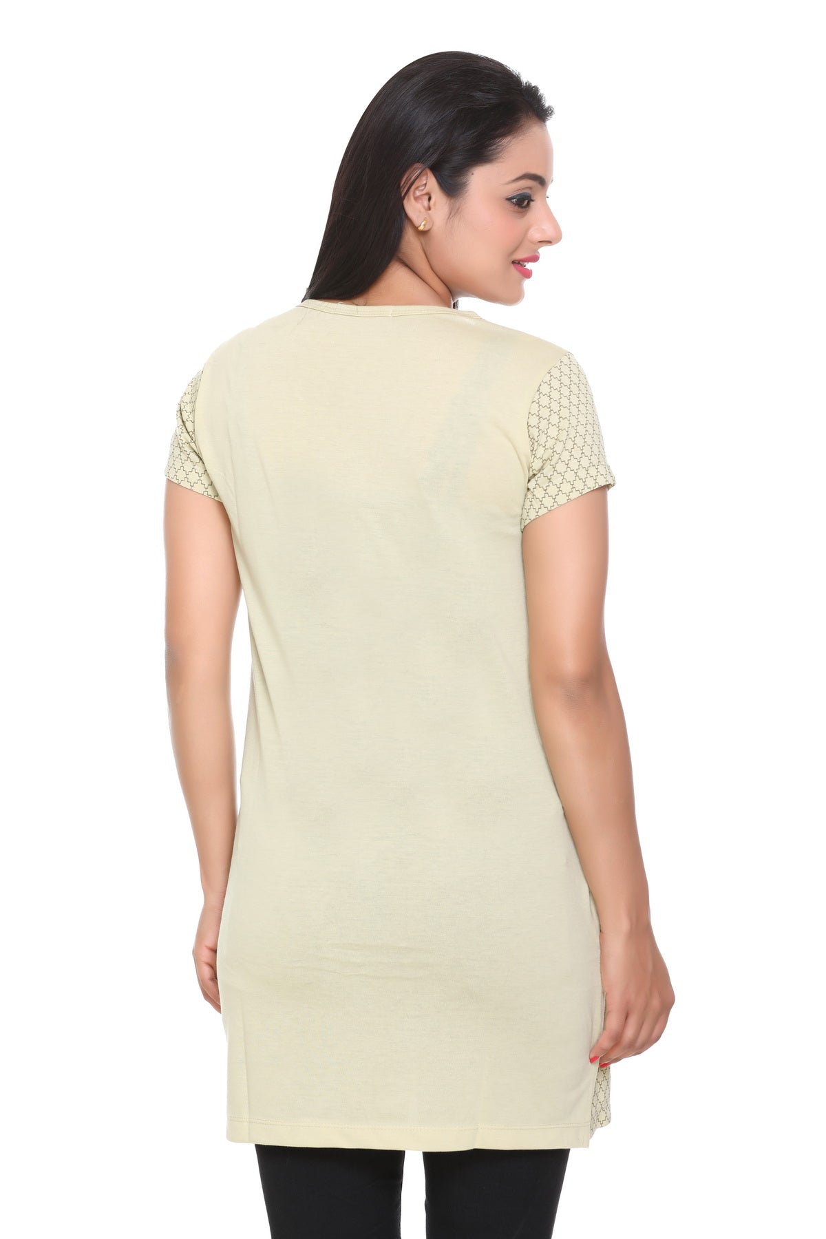 Cotton Printed Long T-shirts For Women Half Sleeve - Beige at Best Prices