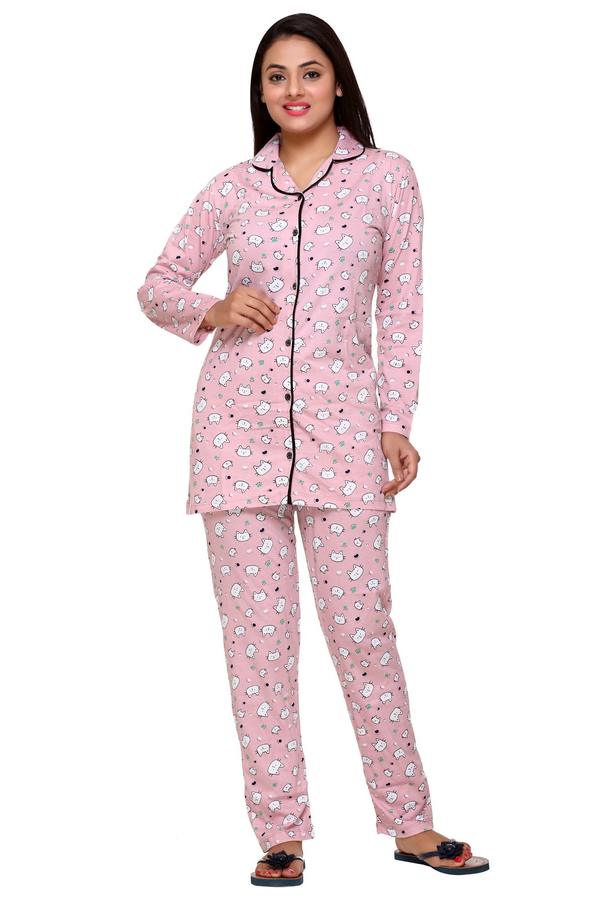 CUPID Full Sleeves Cotton Printed Night Suit Set ( Pink) freeshipping - Cupid Clothings