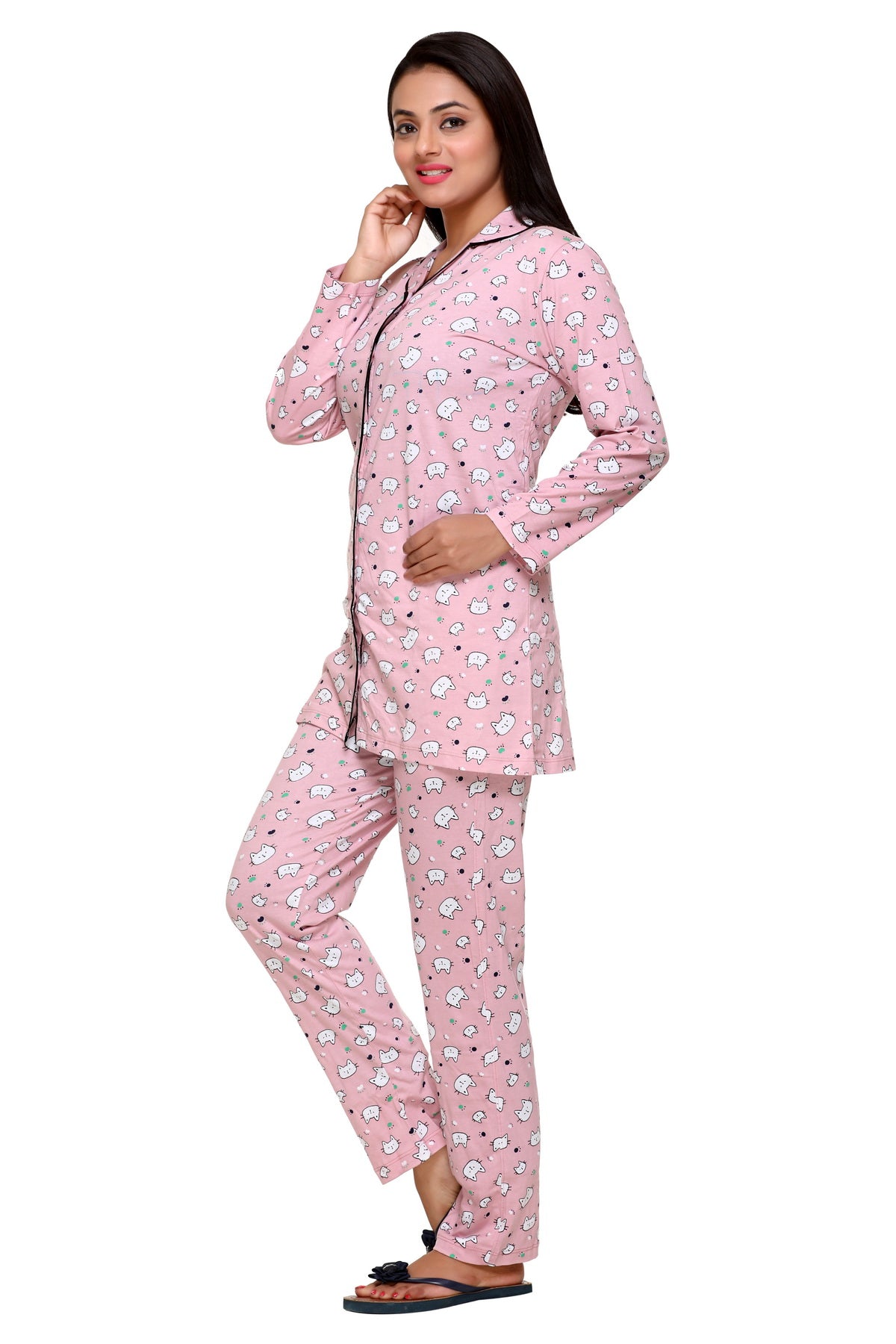 CUPID Full Sleeves Cotton Printed Night Suit Set ( Pink) freeshipping - Cupid Clothings