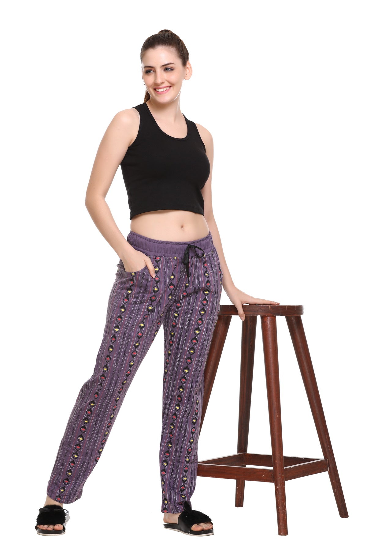 Cotton Printed Night Pajamas For Women - Lavender