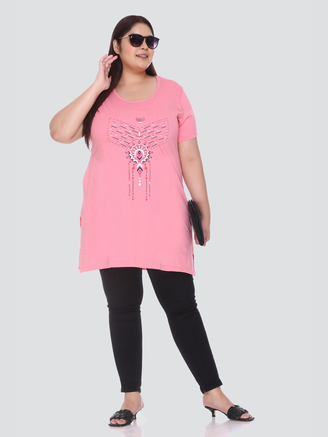 Stylish Blush Pink Plus Size Printed Cotton Half Sleeves Long T-shirt for Women At Best Prices