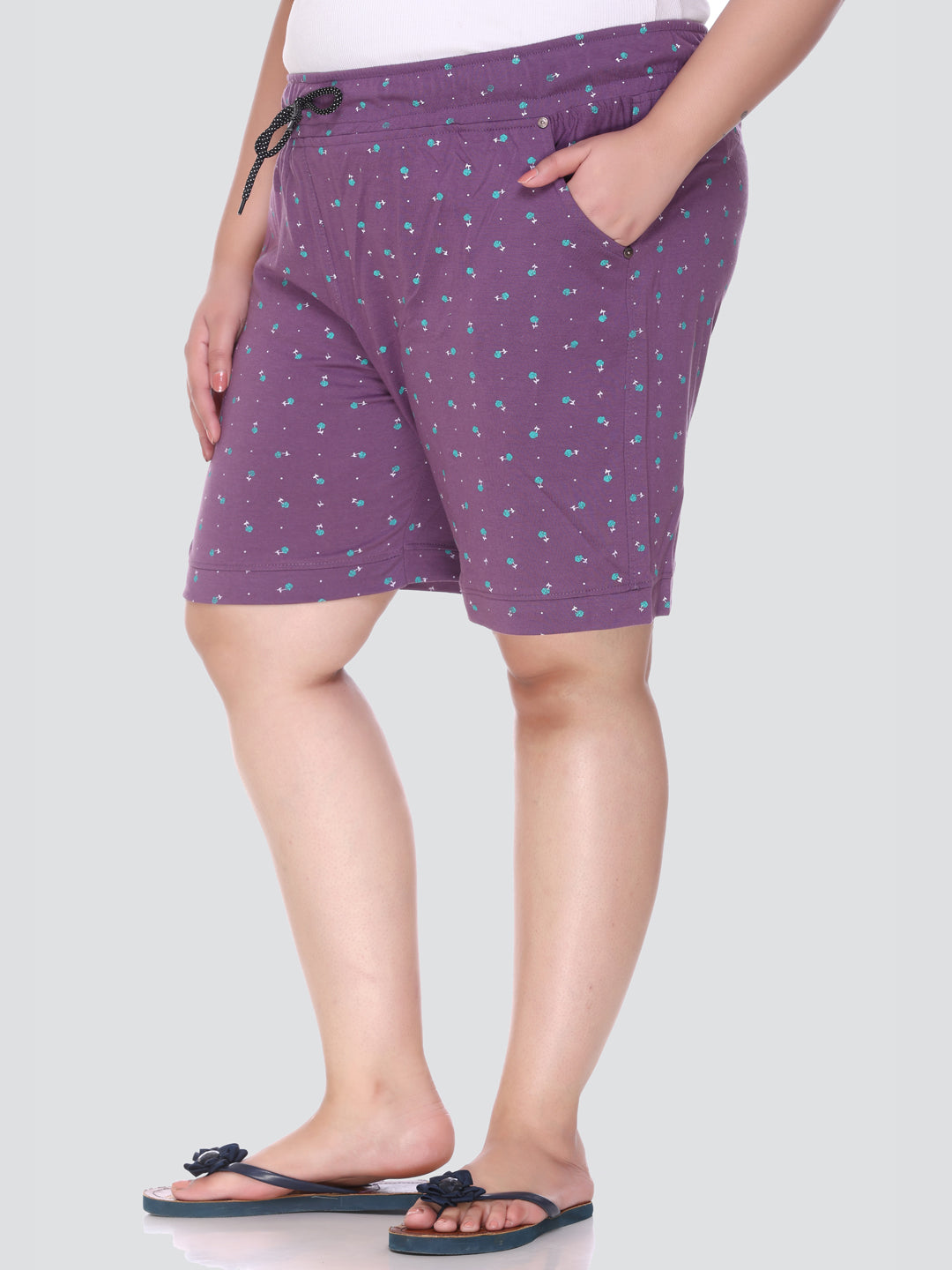 Comfortable Purple Printed Bermuda Cotton Plus Size Shorts For Women Online In India
