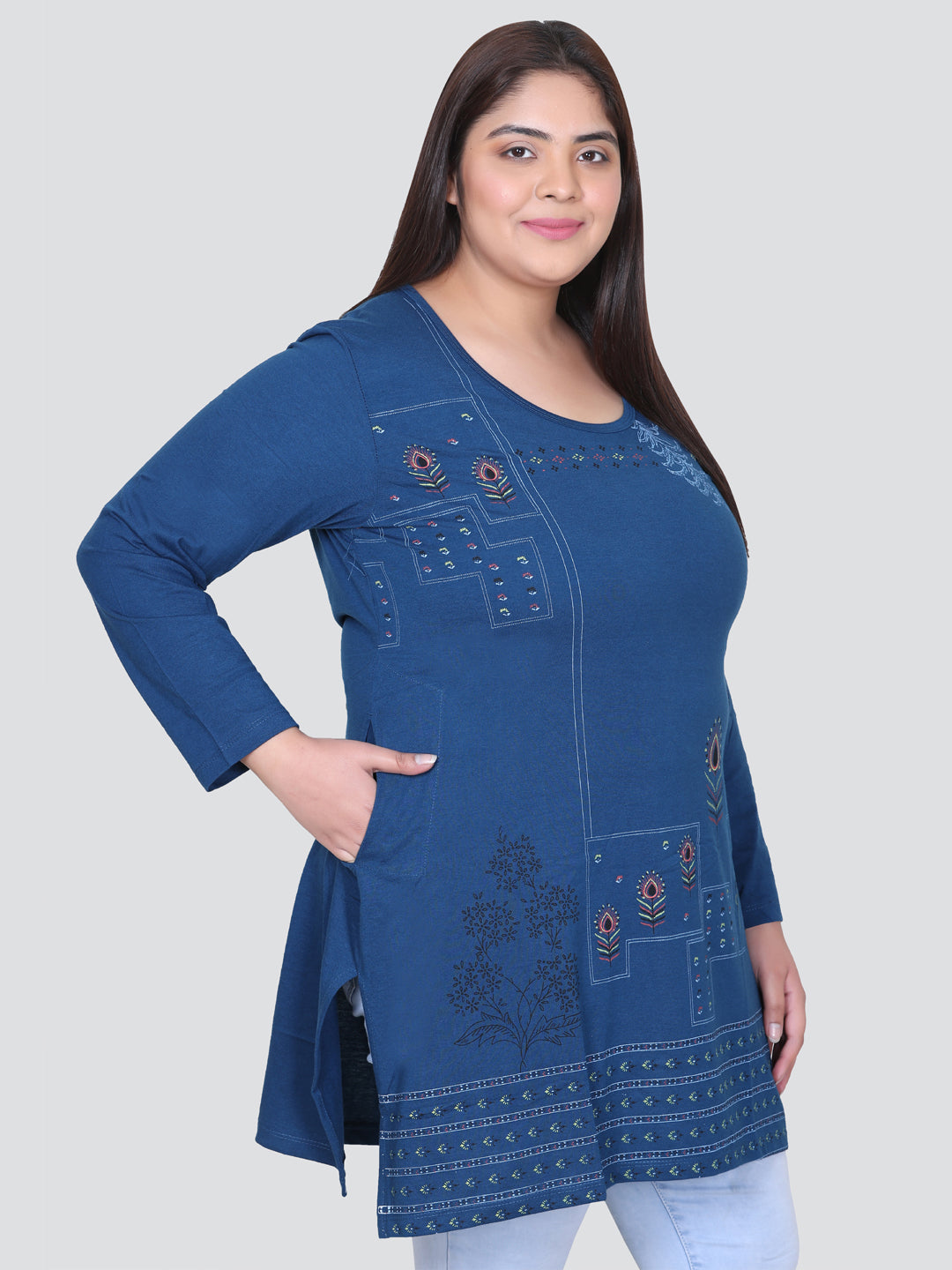 Stylish Teal Blue Plus Size Cotton Long Top For Women (Full Sleeve) Online In India