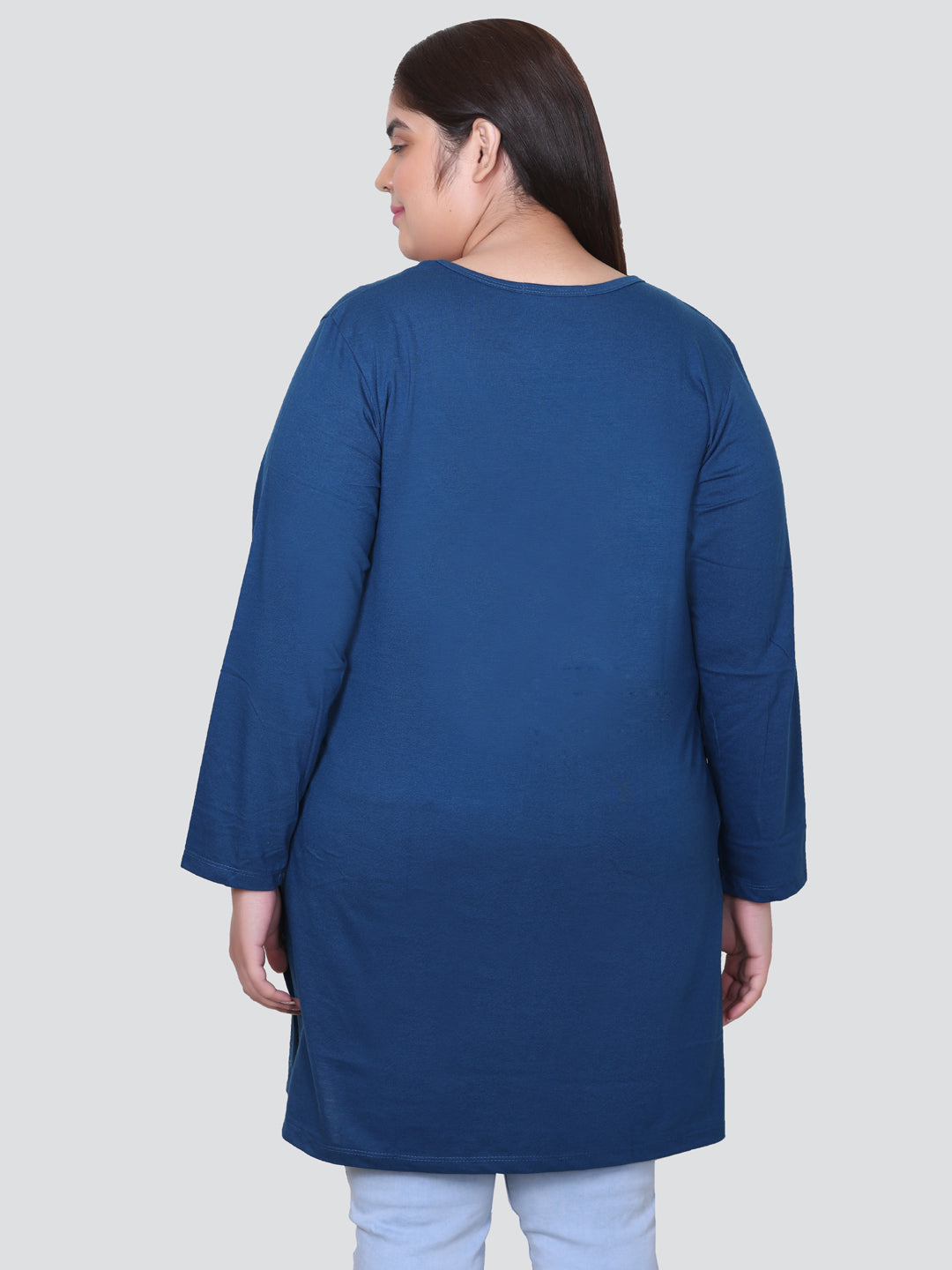 Stylish Teal Blue Plus Size Cotton Long Top For Women (Full Sleeve) Online In India