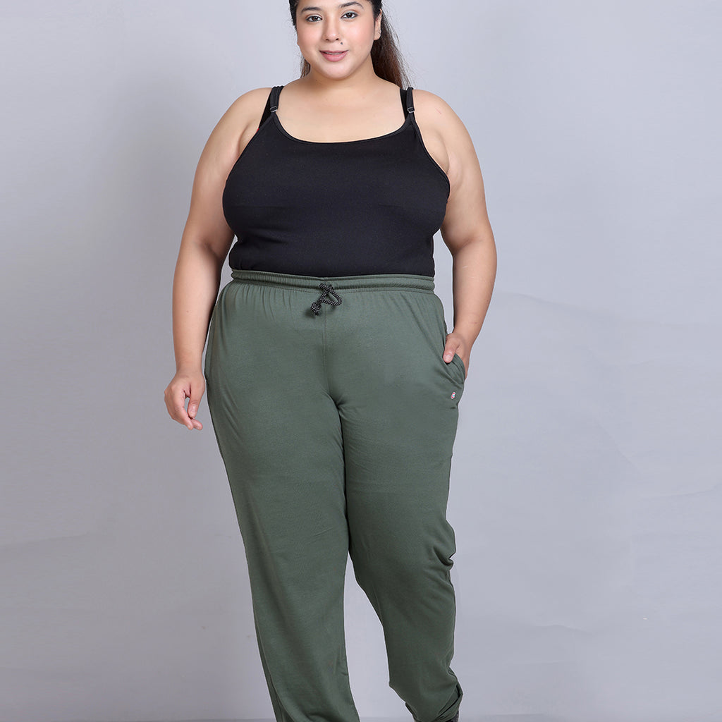 Cotton Track Pant For Woman With One Side Zip Pocket - Olive Green