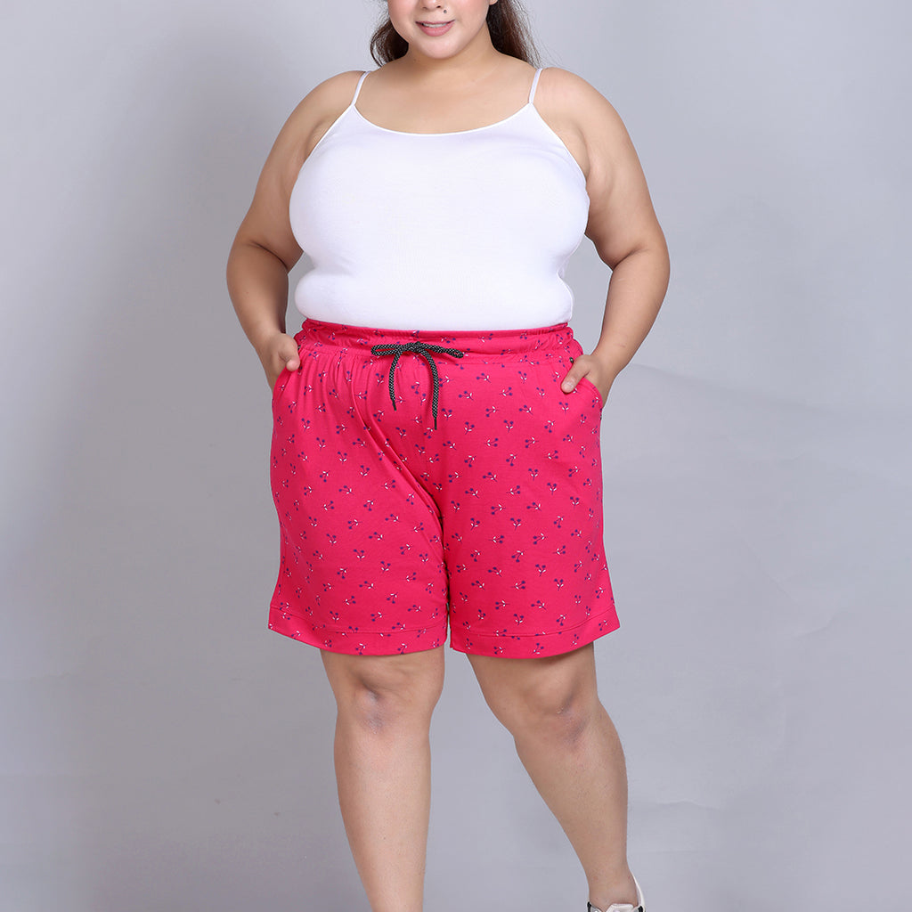 Plus Size Cotton Shorts For Women - Printed Bermuda - Pink