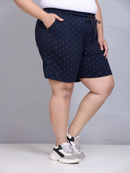 Comfortable Navy Blue Printed Bermuda Cotton Plus Size Shorts For Women Online In India