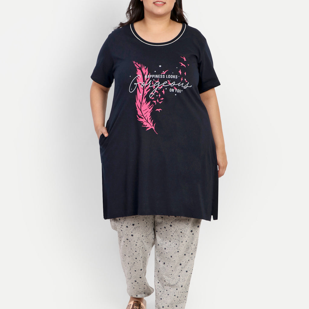 Cotton Nightsuit For Women - Long Top &Pyjama Set - Navy Blue & Grey