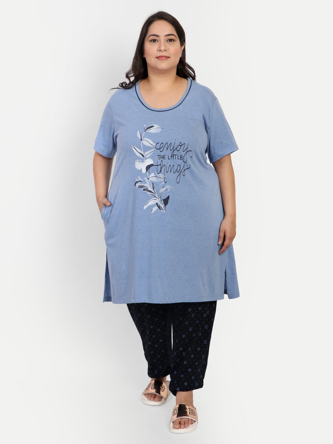 Cotton Nightsuit For Women Long Top Pyjama Set Sky Blue Black