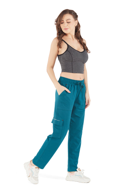 Stylish Teal Blue Plain Cotton Lounge Pants With 3 Pockets For Women Online In India 