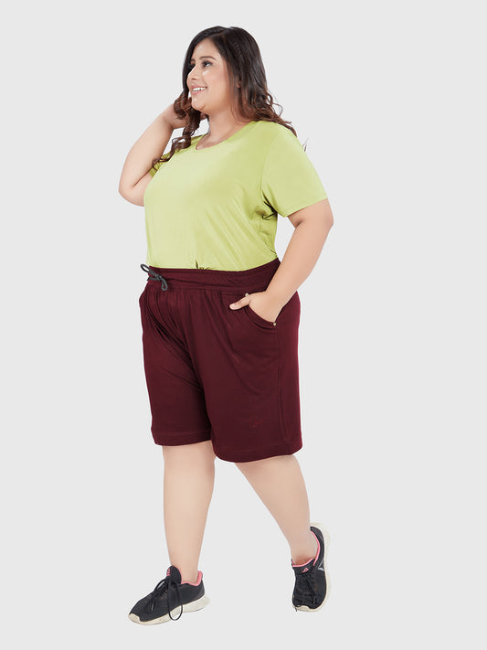 Comfortable Wine Plain Bermuda Cotton Plus Size Shorts For Women Online In India