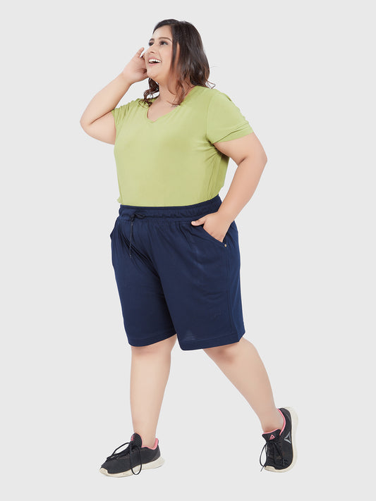 Navy Blue Plain Bermuda Cotton Shorts For Women