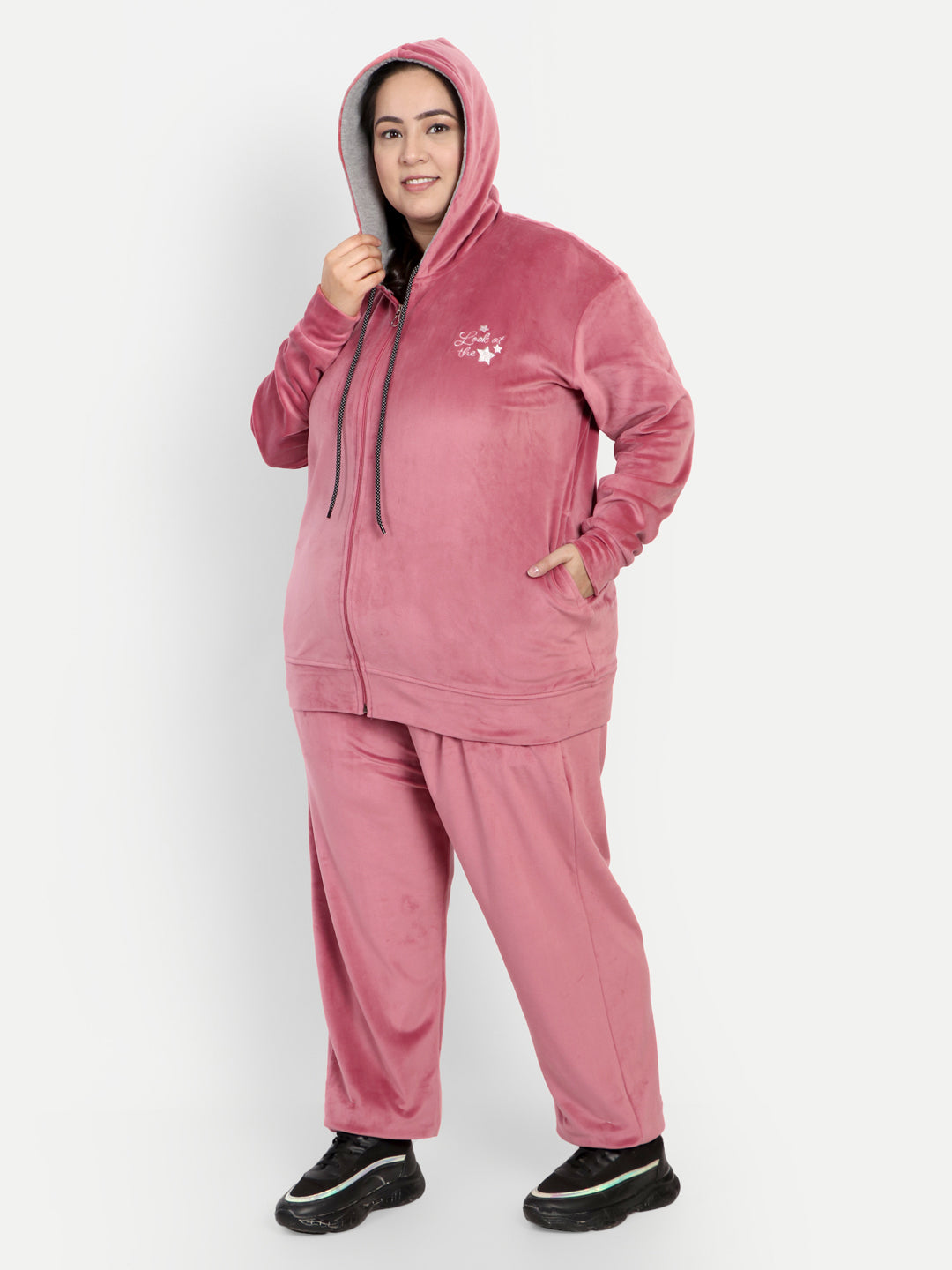 Comfy Rosy Pink Cotton Winter Velvet Tracksuit For Women Online In India