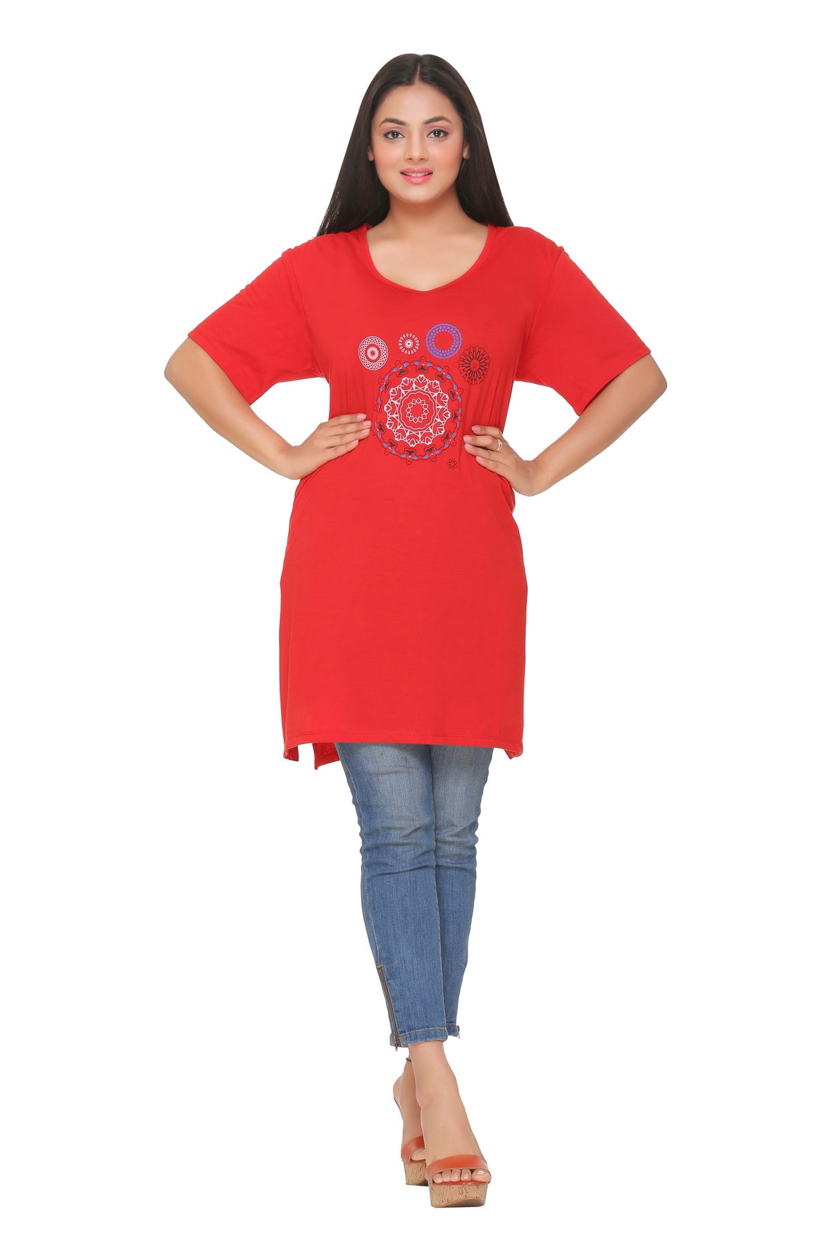Stylish Red Plus Size Cotton Half Sleeve Long T-shirt For Women Online In India