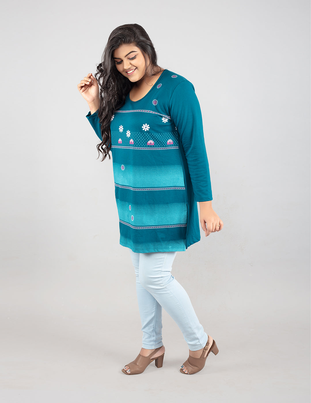 Plus Size Printed Long Tops For Women Full Sleeves T-shirts - Teal Blue