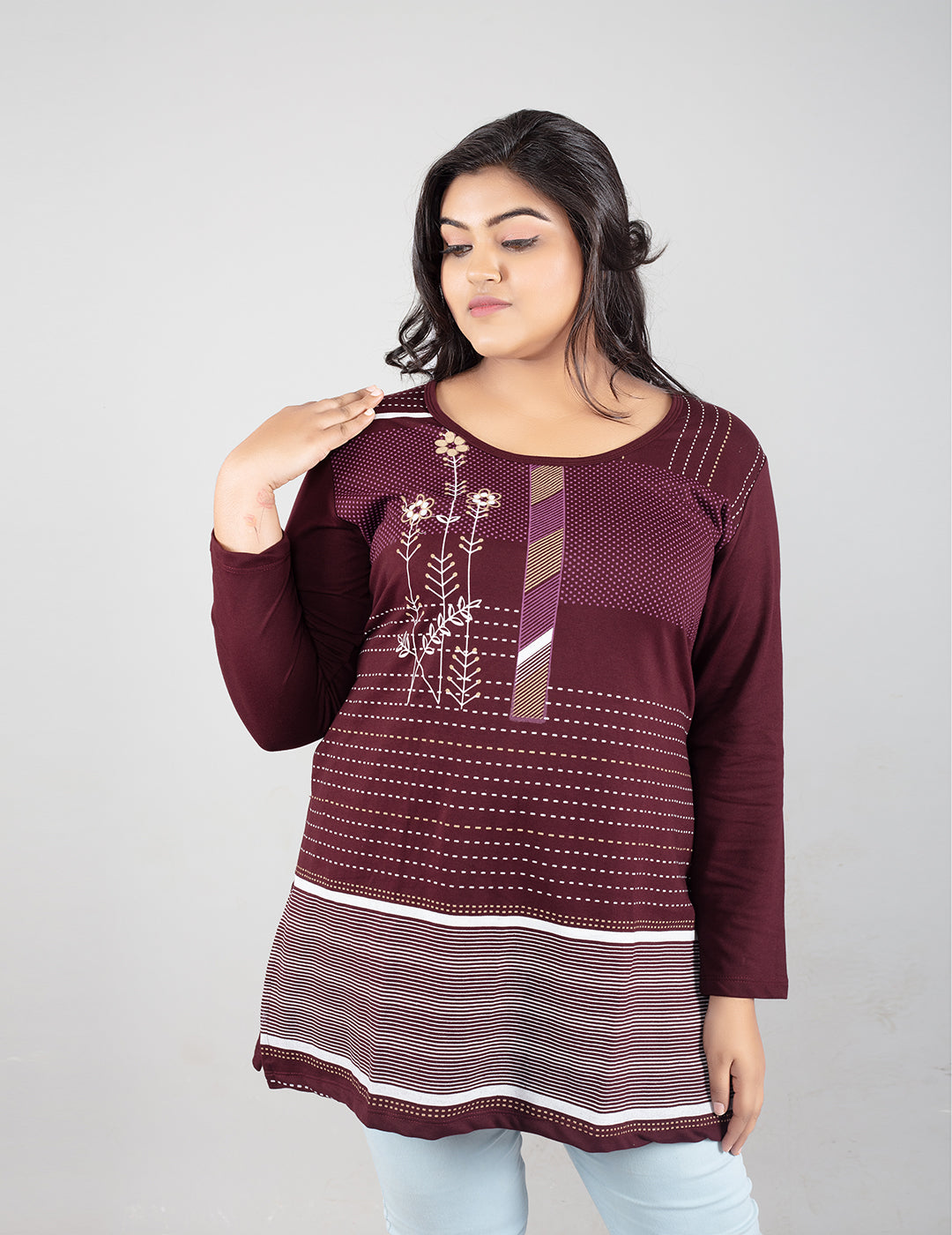 Buy Comfortable Full Sleeves Plus Size Cotton Print Long Top for