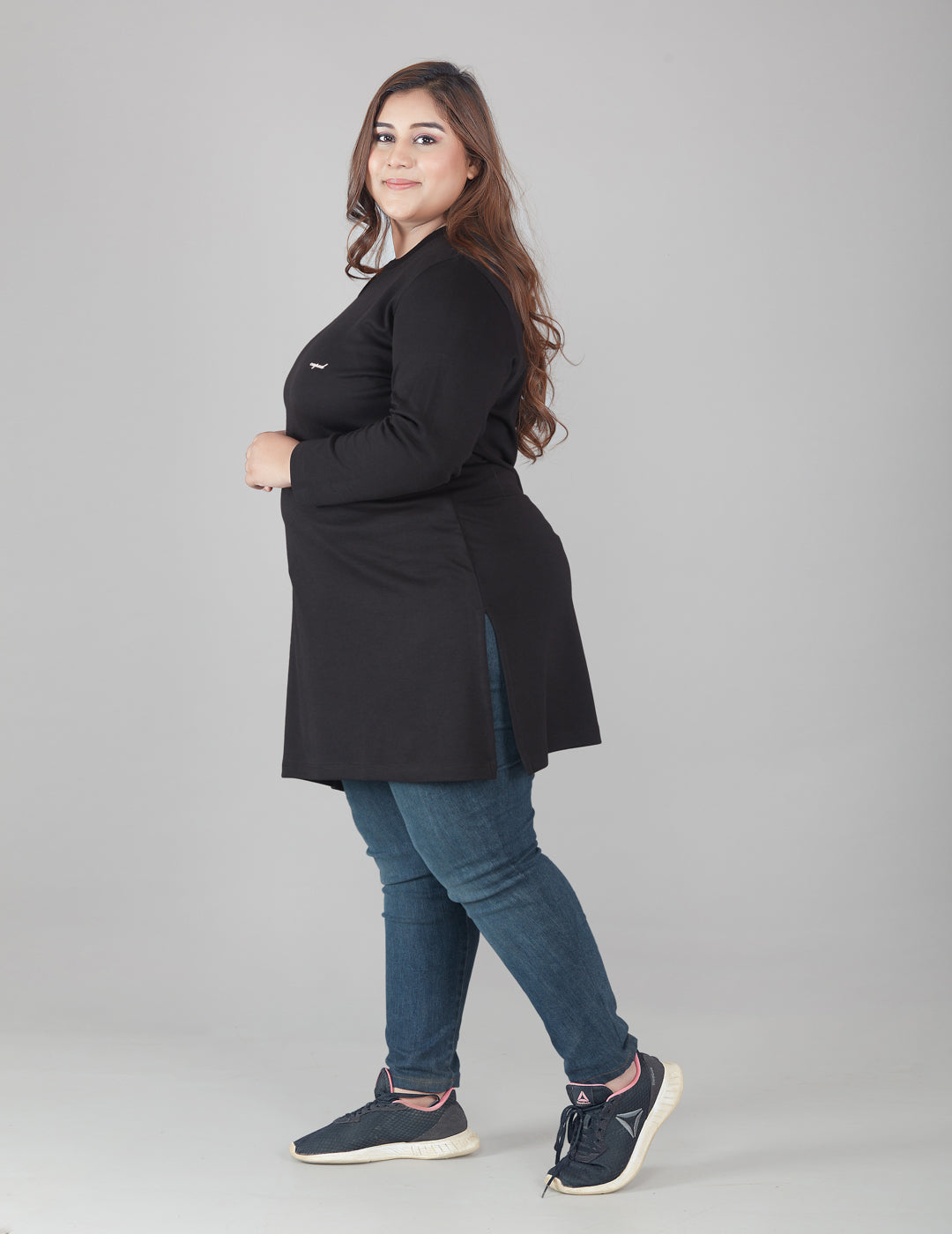 Comfortable Plus Size Long Tops For Women In Full Sleeves- Black