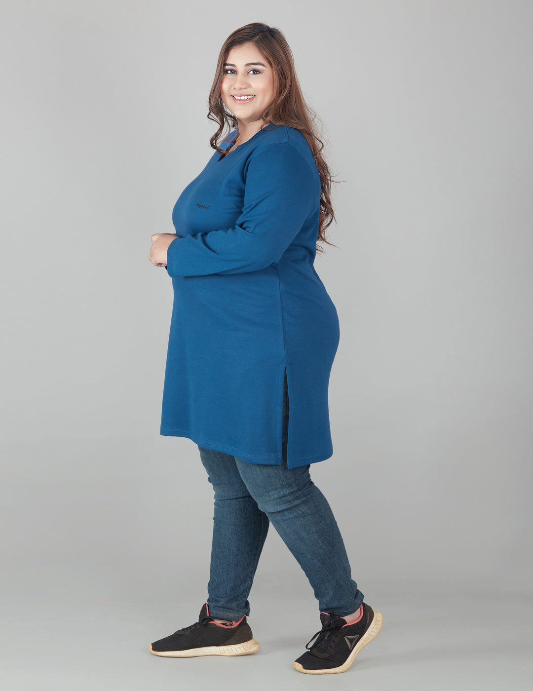 Comfortable Blue Full sleeves Long Top for Women In Plus Size