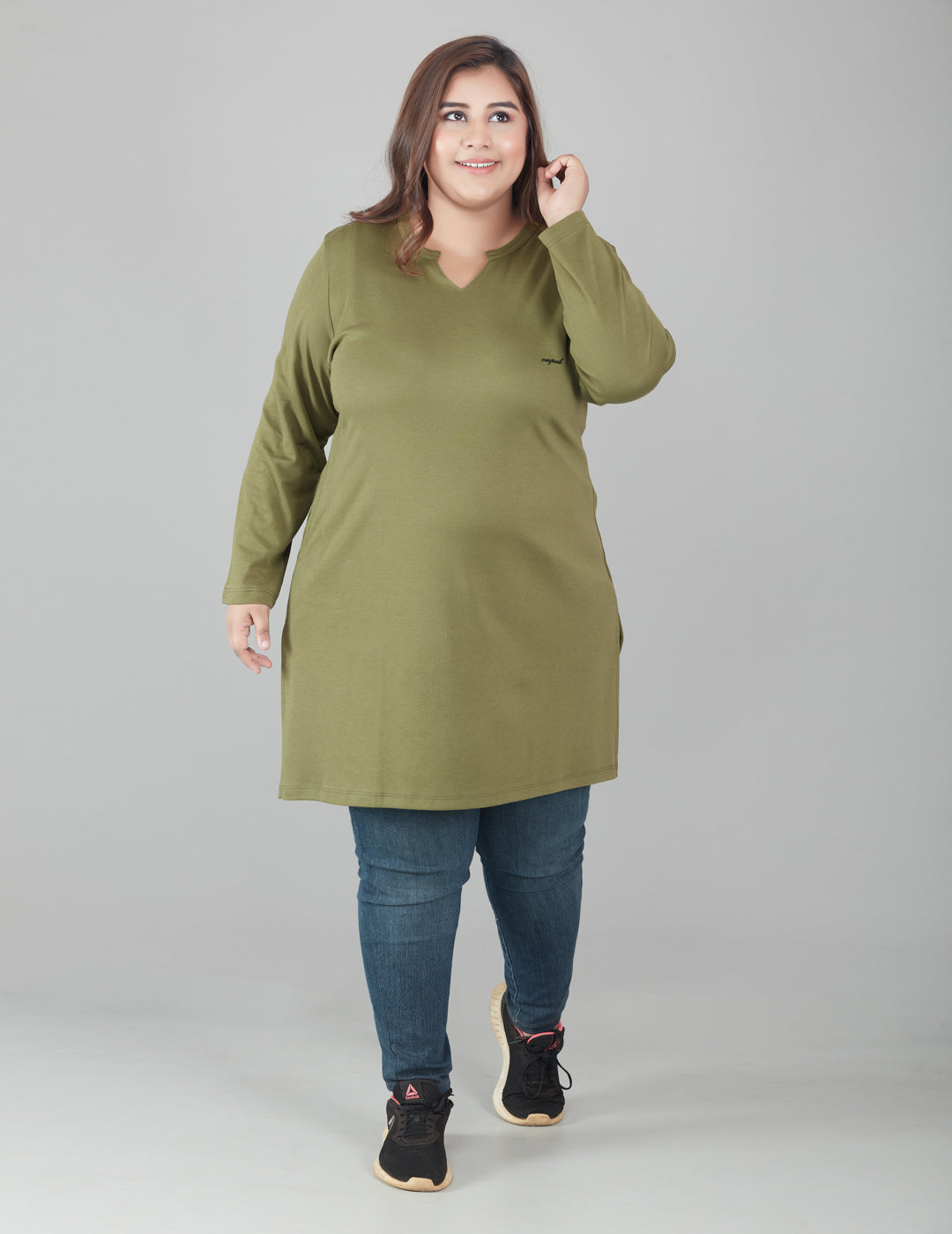 Comfortable Plus Size Full Sleeves Long Tops For Women - Olive Green