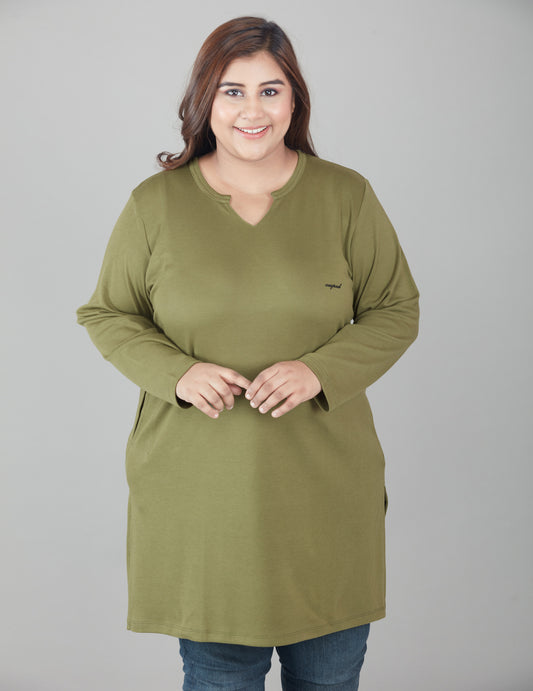 Comfy Olive Green Cotton Plus Size Full Sleeve Long Top For Women  Online In India