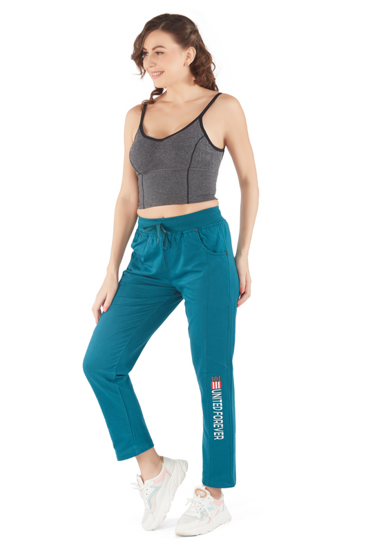 Comfy Teal Blue Regular Fit Cotton Lounge Track pants for Women online in India at best prices