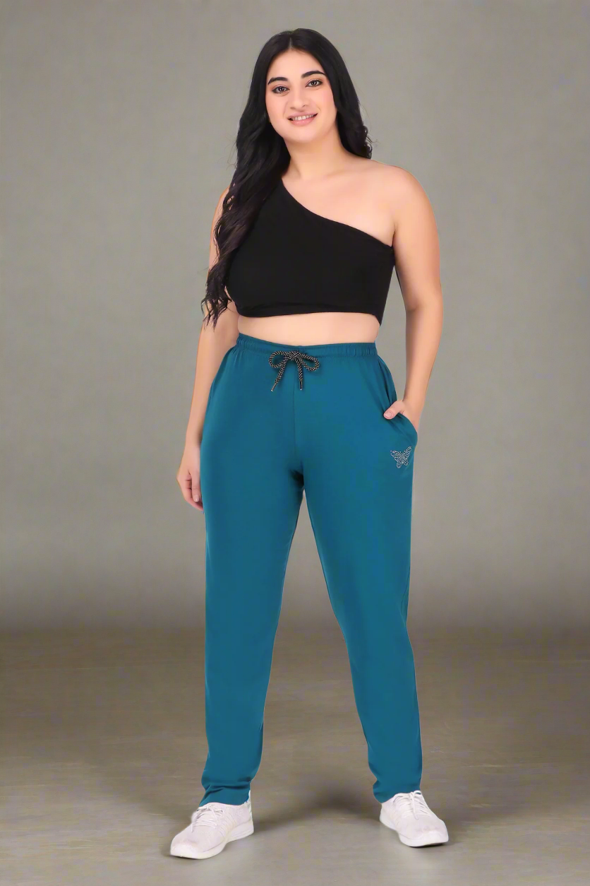 Blue Cotton Track Pants For Women
