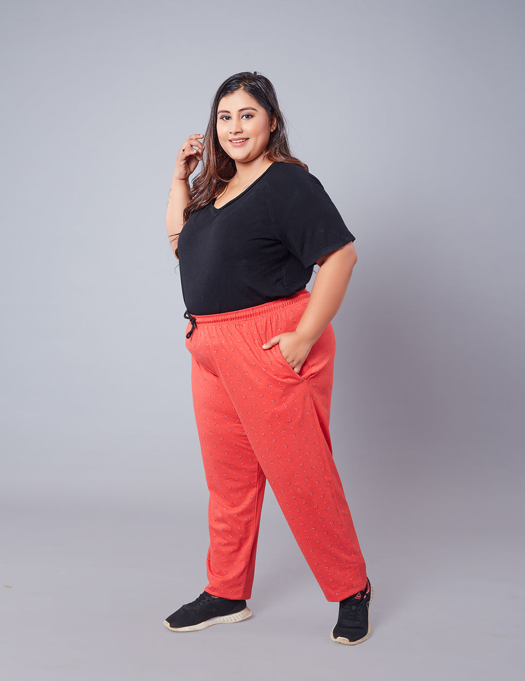 Cupid Plus Size Printed Cotton Night Pants Lowers For Women (Coral Orange)