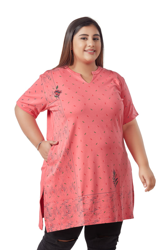 Comfy Pink Cotton Plus Size Printed Half Sleeve Long Tops For Women Online In India