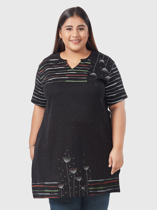 Comfortable Plus Size Print Long Top For Women In Half Sleeves - Multicolor