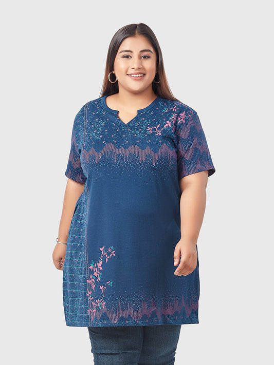 Stylish Plus Size Printed Long Tops For Women In Half Sleeves- Blue At Online