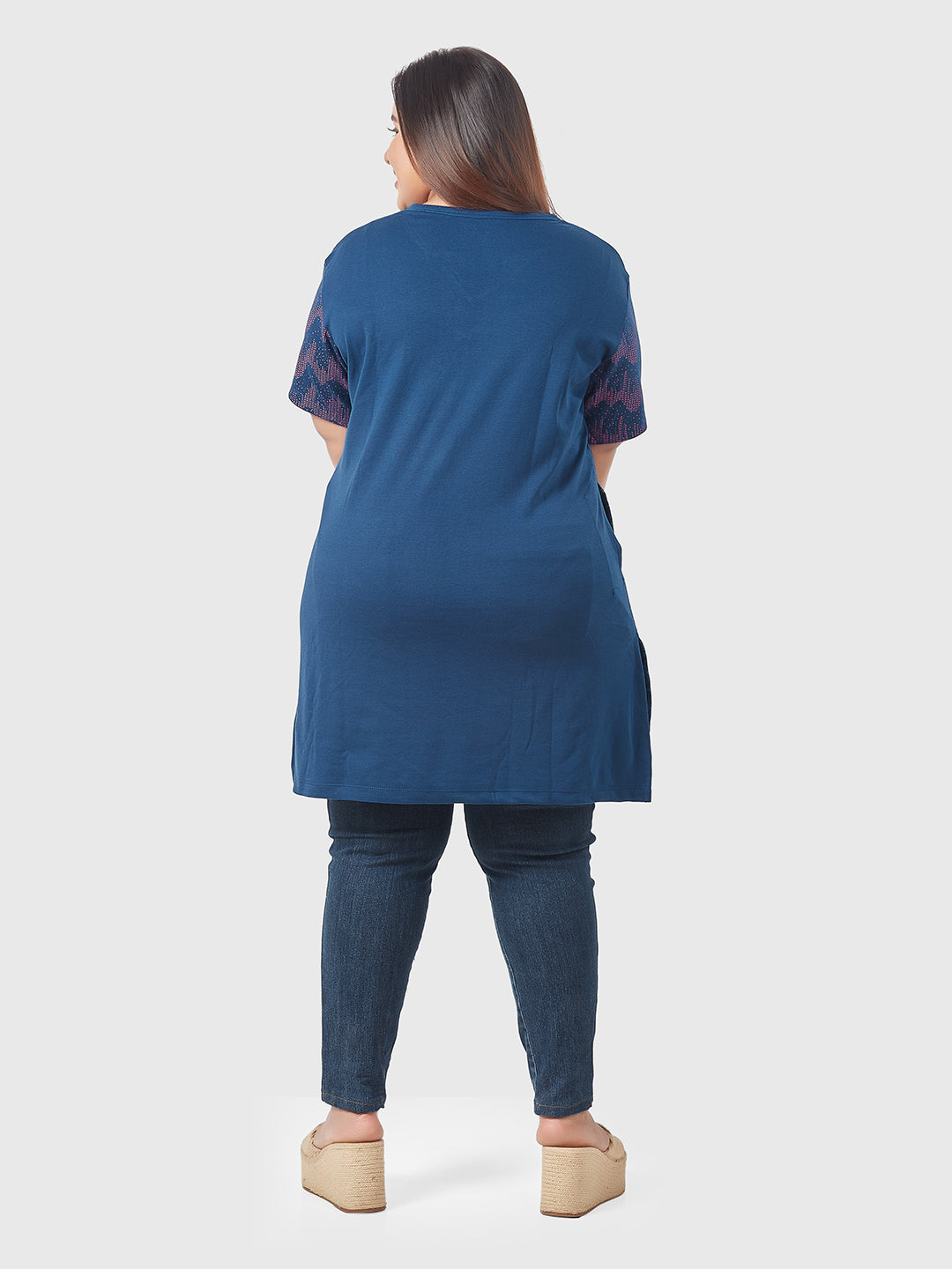 Stylish Plus Size Printed Long Tops For Women In Half Sleeves- Blue At Online