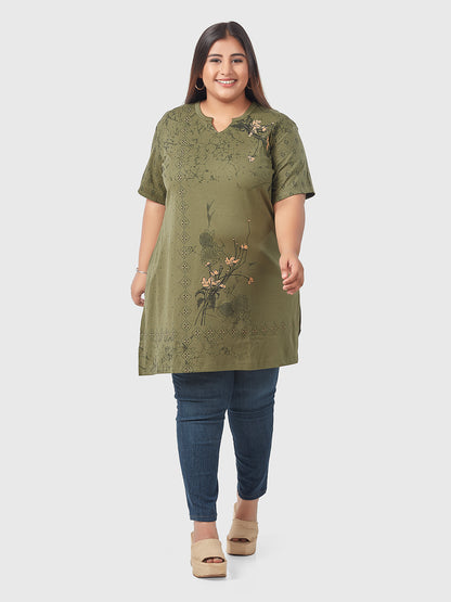 Stylish Green Plus Size Printed Cotton Long Top(Half Sleeves) For Women online in India