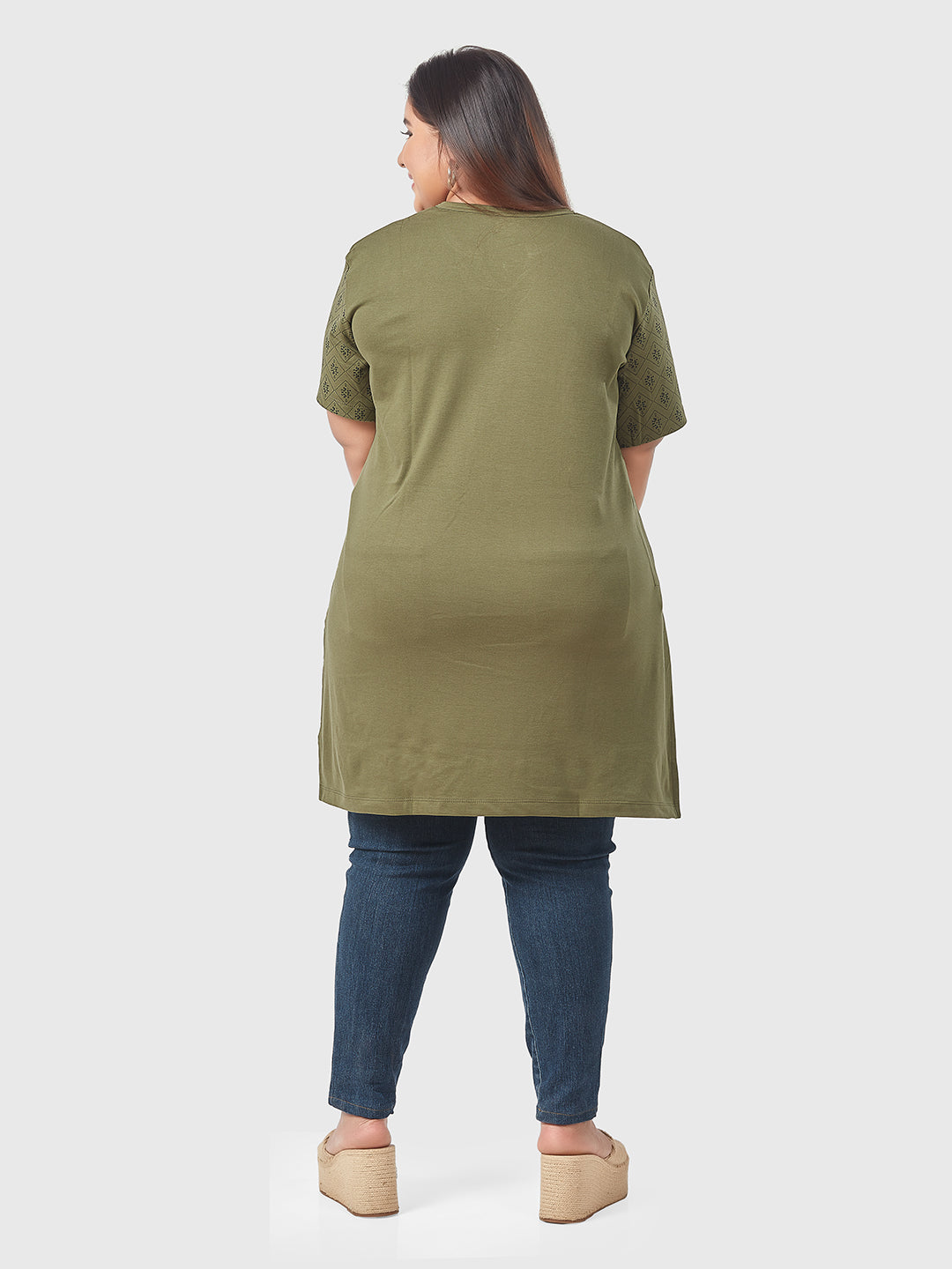 Stylish Green Plus Size Printed Cotton Long Top(Half Sleeves) For Women online in India