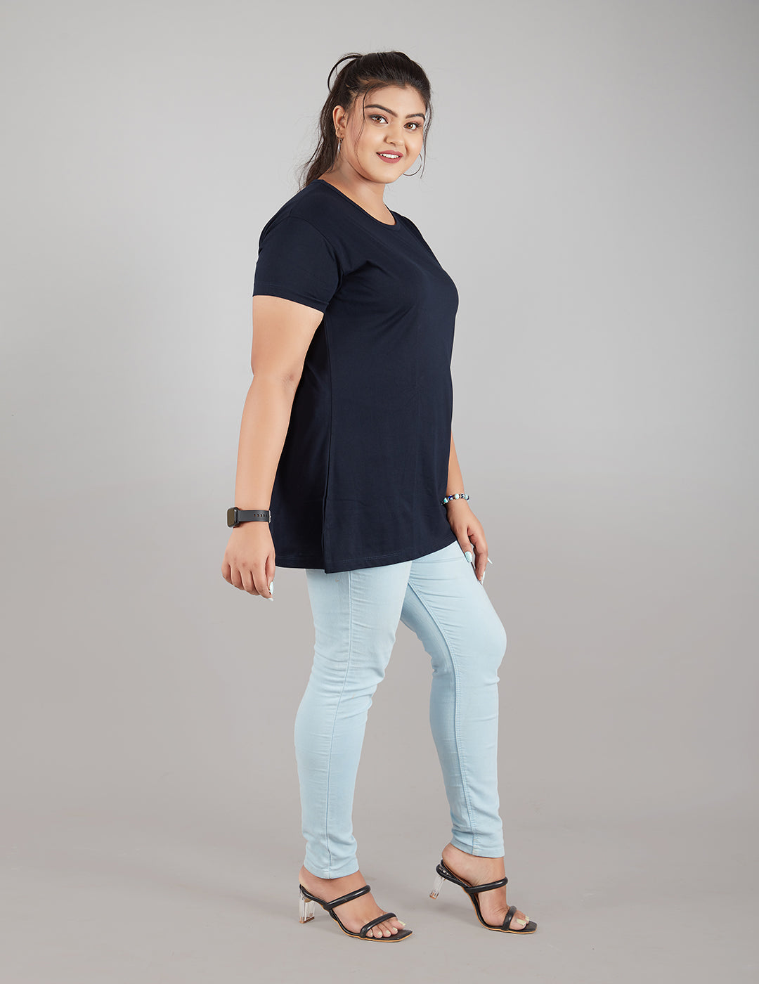 Plus Size Plain Cotton T-Shirt For Women - Navy Blue At Best Prices