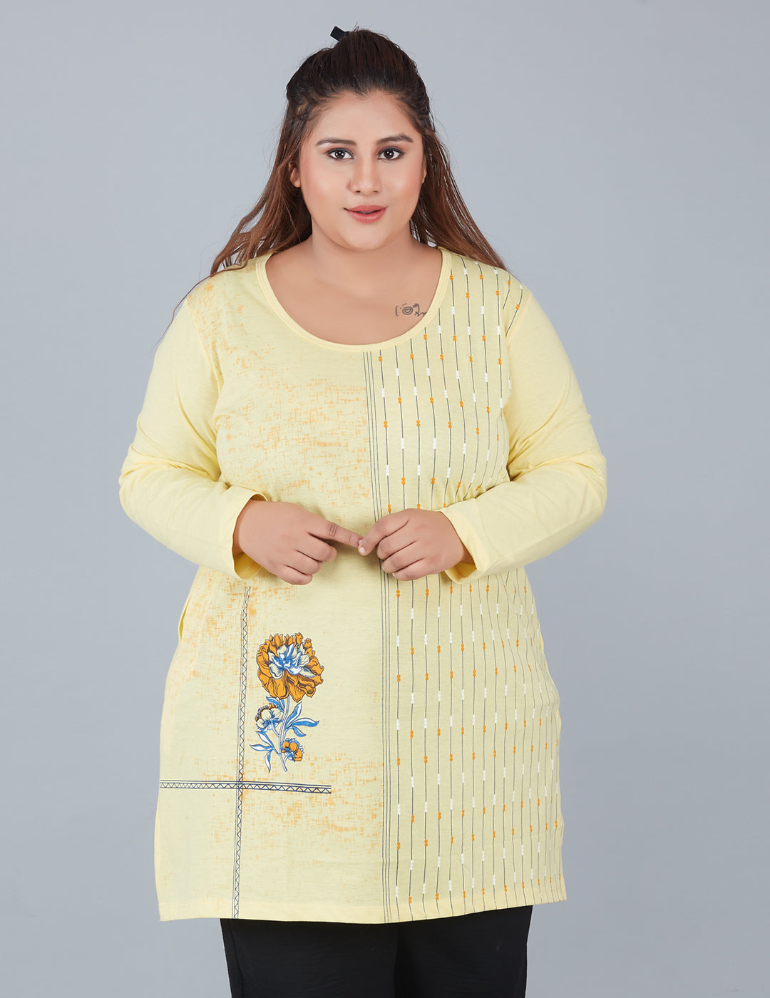 Cotton Long Top for Women Plus Size - Full Sleeves - Yellow At Best Prices