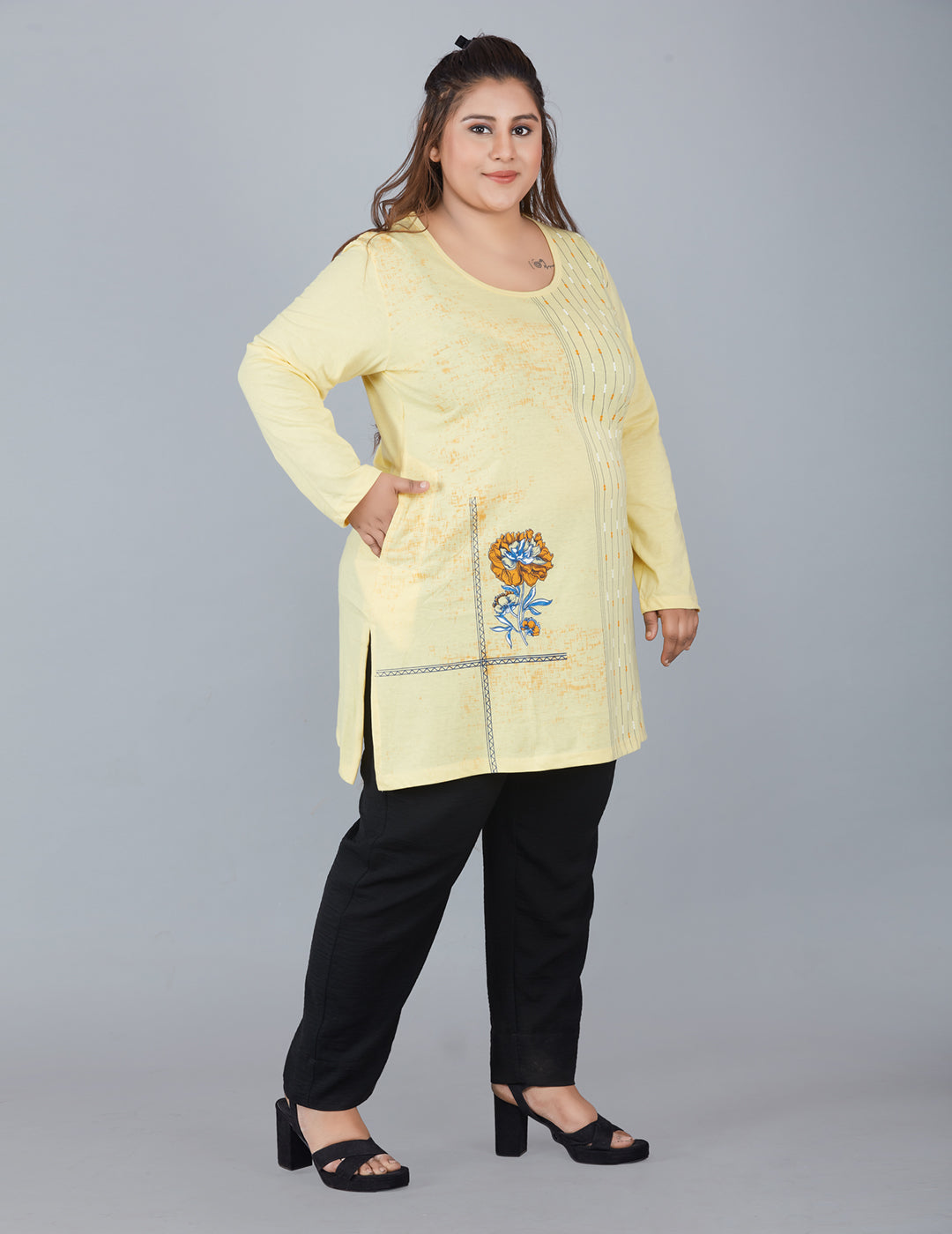 Cotton Long Top for Women Plus Size - Full Sleeves - Yellow At Best Prices