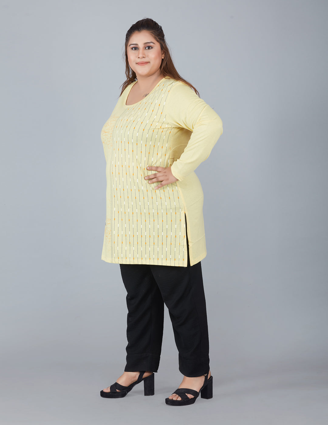 Cotton Long Top for Women Plus Size - Full Sleeves - Yellow At Best Prices