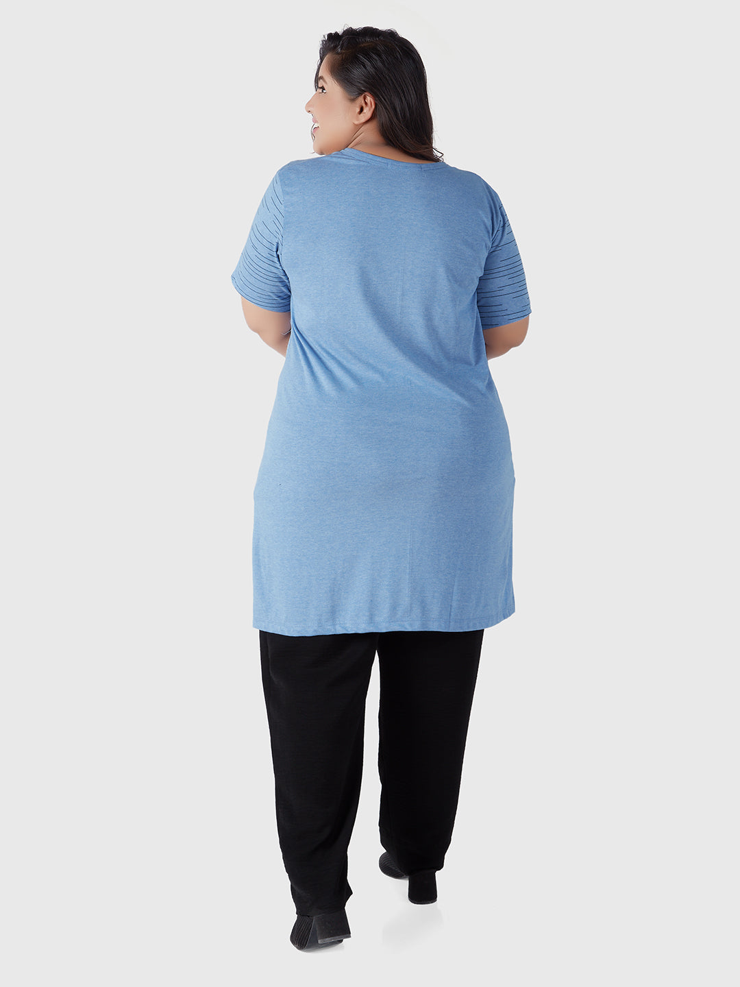 Stylish Sky Blue Plus Size Printed Cotton Half Sleeve Long T-Shirts For Women Online In India