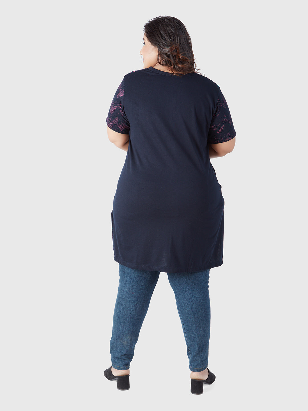 Stylish Navy Blue Plus Size Printed Cotton Long Top(Half Sleeves) For Women online in India