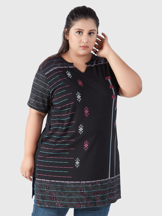 Black Printed Long Tops For Women