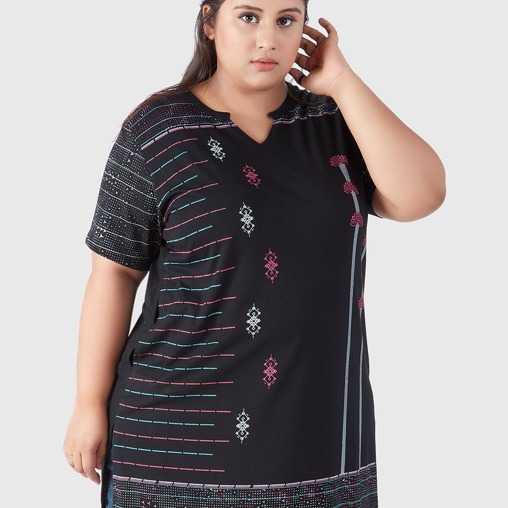 Plus Size Printed Long Tops For Women Half Sleeves - Black